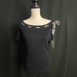 George Black Off-the-Shoulder Sweater with Patterned Bow